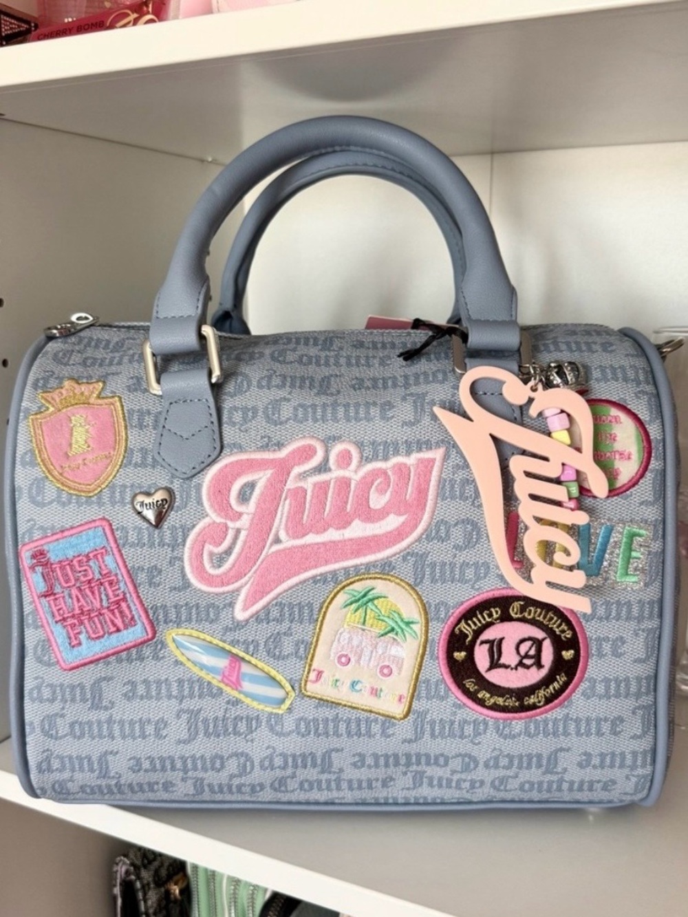 Juicy Couture Logo Blue Pink Run The World Patchwork Satchel Handbag Bag Purse
